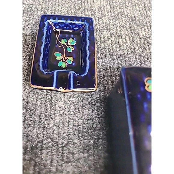 Ceramic Individual 4-Ashtray Box w/Lid Cobalt Blue Japan Antique - Picture 5 of 11